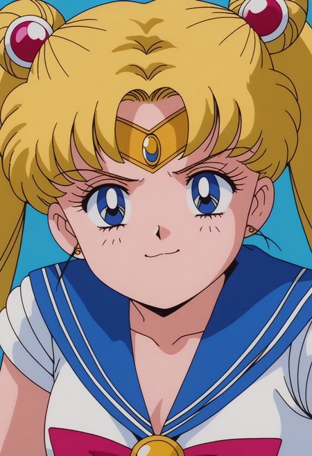 Sailor_Moon, blonde hair, blue eyes, twintails, sailor senshi uniform, blue sailor collar, smug, rertowave, colorful, neon