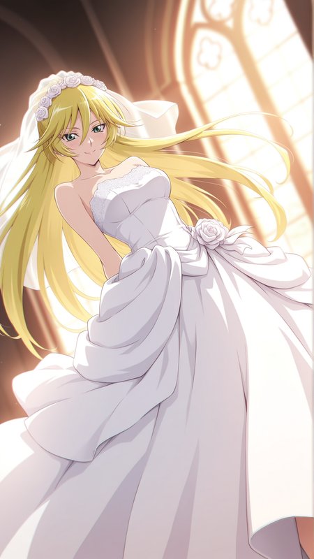 source_anime, general, best quality, masterpiece, 1girl,  <lora:sherry_leblanc_ill_v1.1:1>sherry_leblanc\(yu-gi-oh!\),green eyes,blonde hair, hair between eyes, long hair,wedding dress,chapel, smile, (embarrassed:0.7),  dynamic pose, dutch angle,