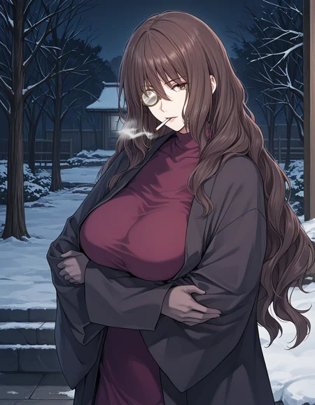 1girl, solo, takashiro natsume, brown hair, long hair, brown eye, monocle, lips, cigarette, mature female, big breasts, turtleneck dress, taut dress, red clothes, long skirt, black haori, black gloves, crossed arms, looking at viewer, (from side:0.6), cowboy shot, outdoors, winter, snow, trees, shouwa, japanese town, night, (dark theme, low light:1.2) <lora:takashiro_natsume_ilxl_v1:0.8>