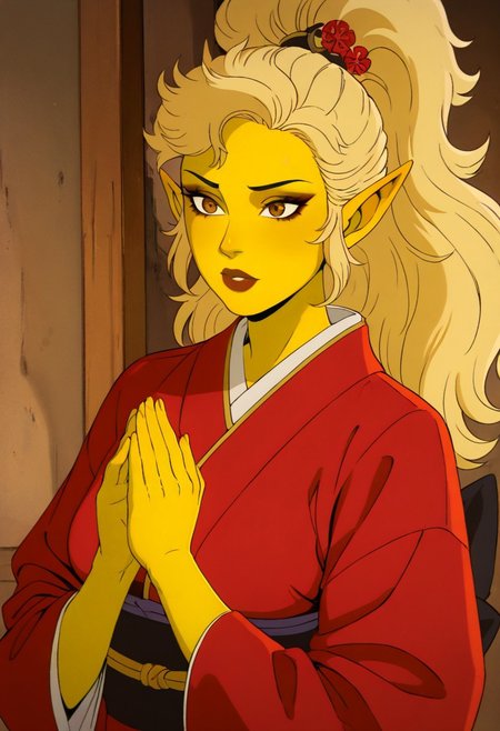 masterpiece, best quality, newest, absurdres, highres, 
X-1990STV1.0, 
1girl, asian, asian female, elf, elf girl, pointy ears, long hair, yellow skin, blonde hair, golden colored skin, ponytail long ponytail, high taied ponytail, makeup, mascara, brown eyes, golden eyes,
kimono, red kimono, japanese clothes, hair ornament,