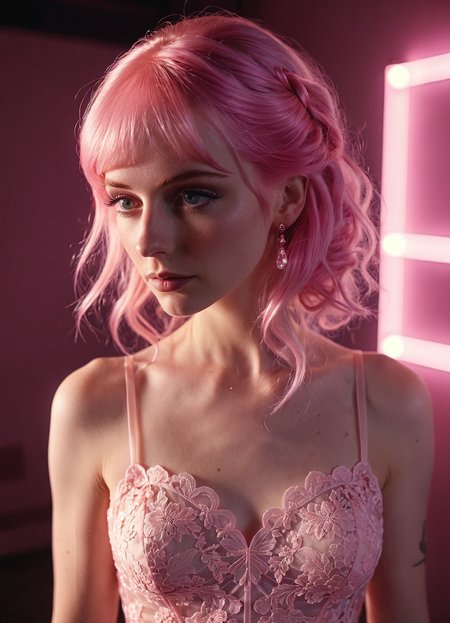 cinematic photo A woman wearing pink hair in a pink lace dress, in the style of hyperrealism and photorealism, UHD image, soft-focused realism, pastel color  <lora:sss:0.8> <lora:Bio-Luminescence:0.35> bioluminescent, glowing, neon pink <lora:add-detail-xl:1>  <lora:sdxl:0.58>, 35mm photograph, film, bokeh, professional, 4k, highly detailed, subsurface scattering, Photorealistic, Hyperrealistic, analog style, realistic, film photography, soft lighting, heavy shadow