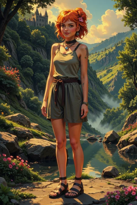 razor cut orange hair young woman, druid, anime, illustration, extremely detailed, portrait, standing, happy smile, flower in hair, glossy lipstick, celtic necklace, rectangle earrings, loincloth, sandals,  Antique Gray druid short dress, legs, sharp focus, fantasy, celtic landscape, small rock, moss, ripples, reflections, celtic  castle, small river pond, druid forest, druid village, stunning nature environment, enchanted land, clovers, Bright Dark Pink flowers, best quality, colorful, wet floor, bright sunny sky, sunset, raytracing, hdr, high contrast, ethereal natural lights, backlight, lens flare, shadows, vibrant colors, colorful, pretty, beautiful, happy, smiling, feminine, sexy, lovely, in love, adorable, fashion,  <lora:Hand v2:1> <lora:Anti-Blur:1><lora:Insane Detail Slider:0.5>  <lora:flux.1_lora_flyway_Epic-detail_v2:0.3><lora:fluxenhancer:0.5> <lora:RetroAnimeFluxV1:0.4> <lora:Luminous_Shadowscape:0.4> <lora:SujatmikoArafuru_Flux:0.2> Suzume style