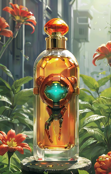 masterpiece,high quality,style of Metroid,<lora:tbh387-sdxl:0.75>, A bottle of perfume in garden