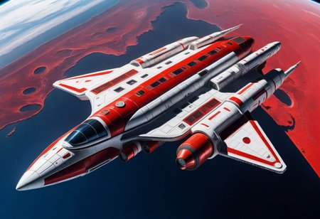 spaceship in the space cyberpunk. spaceship. USSR red and white, above Earth