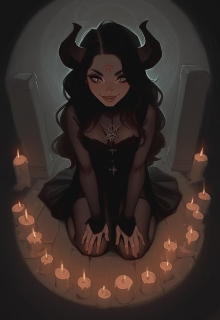 score_9, score_8_up, score_7_up, score_6_up, The ritual of summoning a demon, 1 woman, witch, ghost, see-through body, soft smile, on knees, long hair, magic, night, midnight, fog, halloween, dramatic lighting, backlight, looking down, big gravestones, candles,  from above, pumpkin, rating_safe