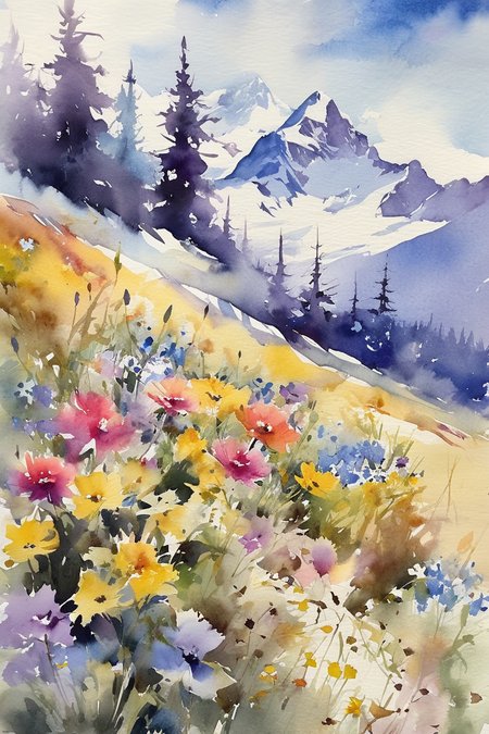 Thomas W. Taylor watercolor. Create a watercolor that showcases the whimsy of wildflowers,imagine an enchanting meadow of brightly colored flowers where your imagination can fly,with the unreal Mount Everest in the distance as a backdrop. An epic scene,<lora:Watercolor _sdxl:0.8>, Watercolor style,
