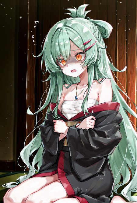 1girl, sensitive, (artist:sincos:0.4), (artist:deadflow:0.5), (artist:ao+beni:0.9), (artist:quasarcake:0.85), (artist:nanashi \(nlo\):0.1), (artist:tianliang duohe fangdongye:1), <lora:Suro:0.9>, small breasts, orange eyes, green hair, very long hair, japanese clothes, hairclip, wide sleeves, black kimono, chest sarashi, off shoulder, necklace, (scared, panicking, wariza, empty eyes, hands up, holding own arms, shaded face:1.3), masterpiece, best quality, amazing quality, very aesthetic, absurdres, newest, scenery, <lora:deal360acv illustrious 006:0.45>, <lora:dj_sloppa_ill_v2:0.2>, <lora:nyalia:0.35>