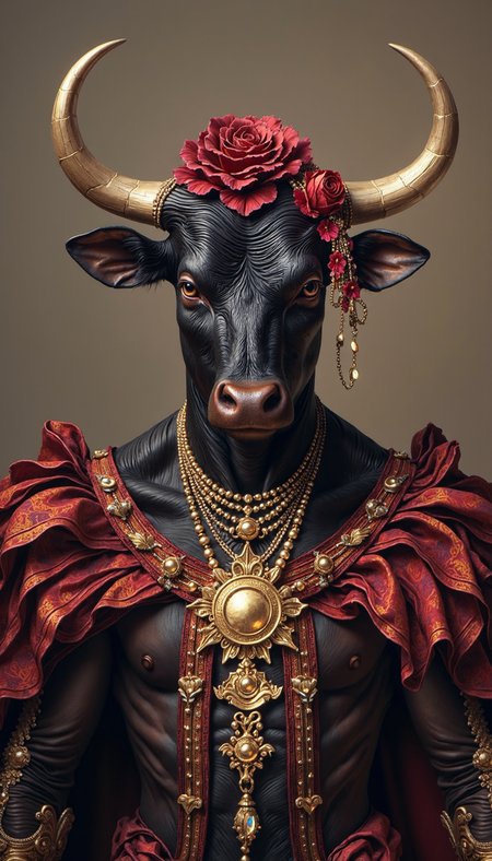 Bioluminescent,evangsurreal,surrealism,glitter, A photorealistic portrait of a bull's head, meticulously superimposed onto a lavishly adorned torso, evoking a sense of surreal juxtaposition. The bull's head, occupying the upper third of the frame, should be the focal point, captured in a close-up, straight-on shot. Its obsidian hide, contrasting sharply with the ornate attire, should exhibit a subtle sheen, reflecting a soft, directional light source emanating from the upper right. Emphasize the intricate texture of the bull's leathery skin, particularly the wrinkles around its eyes and muzzle. Its horns, composed of a bone-like material with a gentle curvature, should frame the head symmetrically, each adorned with a single, crimson rose with cascading embellishments. The subject's attire, a testament to opulence, consists of a black and red brocade gown with voluminous, ruffled sleeves. The neckline, low and framing the bull's chest, should showcase an array of elaborate gold necklaces and a statement piece - a large, intricately carved medallion. The background, a neutral taupe, should provide a subdued backdrop that further accentuates the subject's striking presence.  The image lacks a narrative context. Explore themes of power dynamics, cultural appropriation, or the subversion of traditional gender roles through the interplay of animalistic features and opulent feminine attire.
