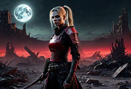 Samurai Girl emerges from the moonlit shadows of a desolate wasteland, she fightsa band of soldiers her blond hair tied back in a ponytail and clad in black and red cyberpunk leather armor. With two katanas at her side, she moves with silent grace through the ruins of a crumbling city, the moon casting an eerie glow on her every fluid movement.Amidst the ruins of a once-thriving city, wasteland. electrifying the sexually charged atmosphere. octane render, unreal engine 5cyberpukai, Cyberpunk