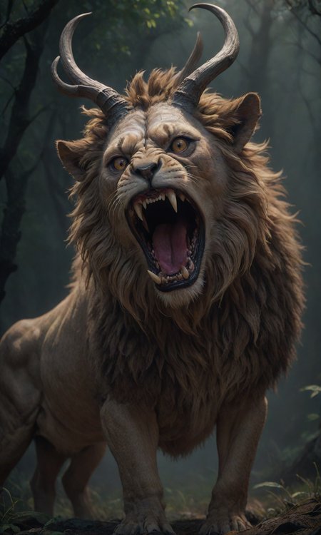 A creature that looks like a man, with the body and eyes of a lion. She has two horns on her head and an open mouth full of antlers in the style of ZdzisÅaw BeksiÅski 4k photorealistic, unreal engine 5, masterpiece, trending on artstation, cgstudio lighting, cinematic, dramatic, <lora:Fast:0.69>