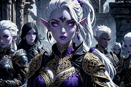 (masterpiece, best quality), 1girl, surrounded by female warriors, white hair, long ponytail, <lora:Drow:0.7> drow, ornate armor, black outfit, purple eyes, uhd, photoreaslitc