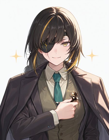 Volumetric Lighting, (masterpiece), (best quality), (ultra-detailed), masterpiece, source_anime, score_9, score_8_up, score_7_up BREAK, illustration, disheveled hair, detailed eyes, perfect composition, moist skin, intricate details, detailed eyes, detailed face, detailed fingers BREAK, yellow eyes, black hair,streaked hair, blonde hair, very long braid, single braid, scar across eye BREAK, SpecialAgentGetNoDayOff, SAG_coat, coat on shoulders,SAG_white_shirt, SAG_necktie, SAG_vest, open blazer, SAG_blazer, def_eyepatch, BREAK, (((white background))), looking at viewer,smile,1girl,solo, face focused