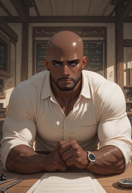 masterpiece, best quality, amazing quality, absurdres, newest, detailed background, definition so sharp, Ultra-HD, 8K cinematic, very awa, impressionate, amazing quality, highres, 
1boy, mbti_estj, muscular man, mature man, bald, dark skin, facial hair, blue eyes, watch, solo, artisan workshop, warm light, wooden textures, tools, focused, concentrated, calm demeanor, natural materials, hands at work, craftsmanship, details, soft shadows, inviting atmosphere, high quality, aesthetic