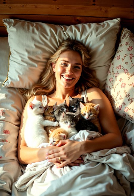 RAW photo, an intimate close-up from above of a slightly voluptuous blonde woman, lying in bed while kittens of all colors cuddle with her. The happiness in her expression is captured in stunning 8K resolution with photorealistic sharpness and detail, making the image a perfect, realistic masterpiece.

A bed frame made of natural, warm-toned wood, with visible grain patterns that add a rustic charm to the scene. Overstuffed, fluffy pillows in various sizes and soft pastel colors, creating a comfortable, inviting environment.Soft, natural shadows cast by the morning light, adding depth and realism to the scene.Mismatched bedding with different textures and patterns, adding a cozy, eclectic feel to the bed.


