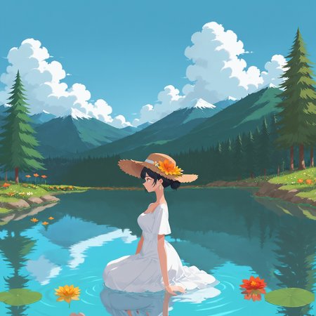 (masterpiece),(best quality),(ultra-detailed), very aesthetic, artist:, {prompt}, masterpiece, best quality, good quality, newest, very awa, absurdres, highres, 1girl, solo, breasts, short hair, black hair, hair ornament, dress, hat, jewelry, sitting, full body, flower, short sleeves, outdoors, earrings, sky, barefoot, day, cloud, white dress, hair bun, water, from side, feet, blue sky, tree, toes, profile, arm support, white flower, grass, single hair bun, cloudy sky, red flower, scenery, nature, reflection, forest, unworn headwear, sun hat, yellow flower, rock, unworn hat, brown headwear, long dress, mountain, nose, realistic, straw hat, looking afar, river, mountainous horizon, orange flower, lake, lily pad, hill, faux traditional media, reflective water, pond, stream, pine tree, 