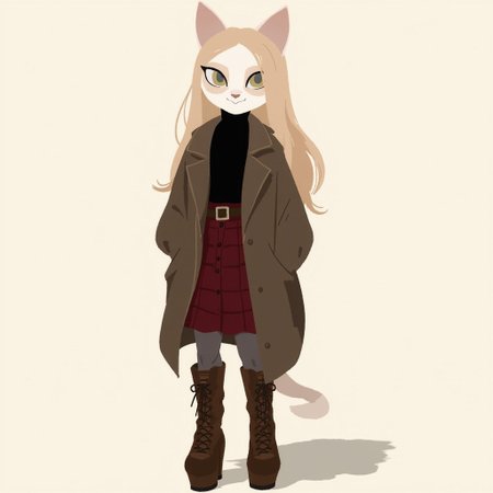 an anthropomorphic catgirl with long middle parted blonde hair and creamy white fur and ears wearing a black turtleneck and a dark brown trenchcoat and a dark red vintage button front skirt with a belt and sheer black tights with brown knee high lace up platform boots