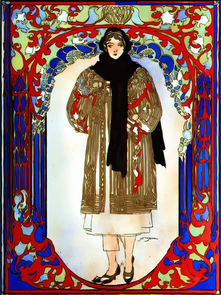 <lora:konstantin-yuon_pony_v1:0.75> by yuon konstantin in 1940,art nouveau \(modern\) \(style\),black scarf,clothing,costume,design \(genre\),designs-and-sketches,full body,general,scarf,solo
