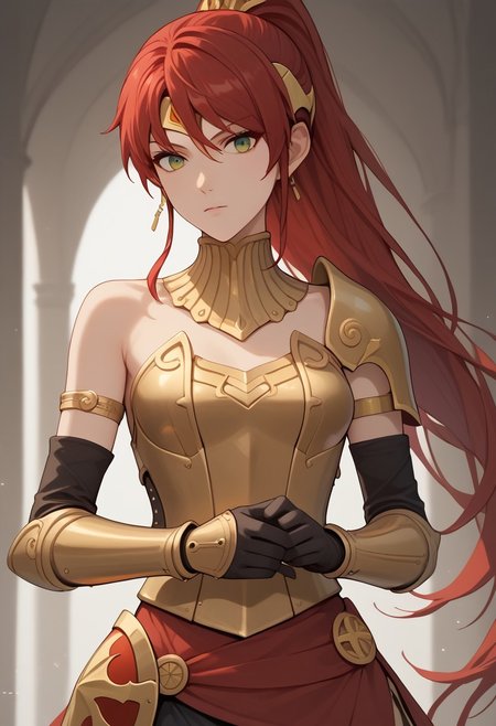 score_9, score_8_up, score_7_up, source_anime, Expressiveh, 1girl, PyrrhaNikosXL, green eyes, red hair, long hair, ponytail, hair between eyes, forehead protector, medium breasts, gold gorget,  gold armlet, black elbow gloves,
Knight, plate armor, sword, shield, dramatic pose,
red eye trail, yellow eye trail,