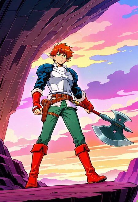 masterpiece, best quality, amazing quality, very aesthetic, absurdres, newest, 1boy, male, arthuffl3, brown-orange hair, green eyes, with long elf ears, blue shoulder pads, white breastplate, sci-fi military shirt, green jeans, belt with holster, red fingerless gloves, red boots, standing on cliff, dramatic fantasy-anime background, casually holding massive battle axe, scenic vista background,