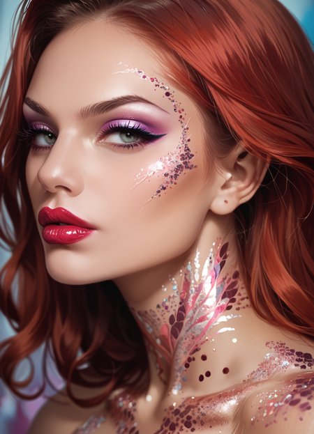 score_9, score_8_up, score_7_up, score_6_up, score_5_up,
woman, face, makeup, portrait, glitterstyle, eyeshadow, bodypaint, lipstick, eyelashes, red hair, 
abstract backgound, dynamic pose, masterpiece, best quality, sharp_details, game_cg
 <lora:GlitterStyle_pony:0.8>