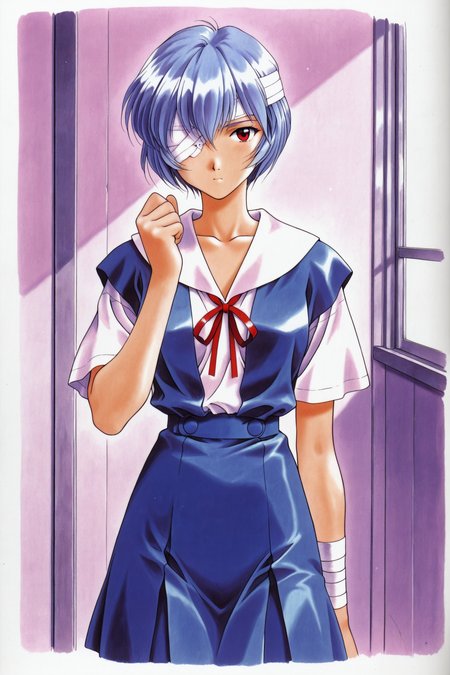 1girl,ayanami rei,short hair,blue hair,bandages,school uniform,solo,bandage over one eye,red eyes,ribbon,looking at viewer,tokyo-3 middle school uniform,shirt,short sleeves,closed mouth,neck ribbon,clenched hand,white shirt,cowboy shot,hand up,skirt,red ribbon,bandaged head,suspender skirt,expressionless,bangs,collarbone,standing,bow,suspenders,arm at side,traditional media,1990s \(style\),indoors,purple theme,
<lora:Mizutani Tooru_illustriousXL:1>,