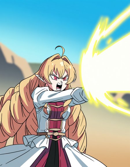 masterpiece, best quality, newest, absurdres, highres, safe,, <lora:elinalise-dragonroad-s2-ponyxl-lora-nochekaiser:1>, elinalise dragonroad, long hair, blonde hair, very long hair, ahoge, pointy ears, drill hair, red eyes, medium breasts, <lora:kamehameha-illustriousxl-lora-nochekaiser:1>, kamehameha, kamehameha (dragon ball), open mouth, outstrecthed arms, torn clothes, shouting, energy, energy beam, outdoors, wasteland, cowboy shot,