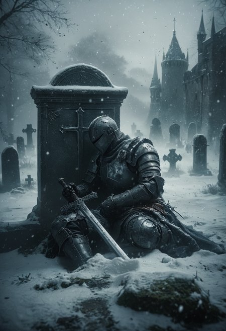 somber and cinematic scene, a fallen knight resting and lying down against a gravestone in a snow-covered graveyard, the knight clad in full armor, grips a sword with hand, the blade buried in the snow, Snowflakes gently fall around him, melancholic atmosphere, background is a dark gothic castle looms that obscured by the swirling snow and mist, haunting beauty of a warrior's final rest, <lora:- SDXL - vanta-black_contrast_V3.0:0.5>, <lora:NicolaSamori:0.6>, <lora:MJ52:0.3>, <lora:ral-ertmsphr:0.8>