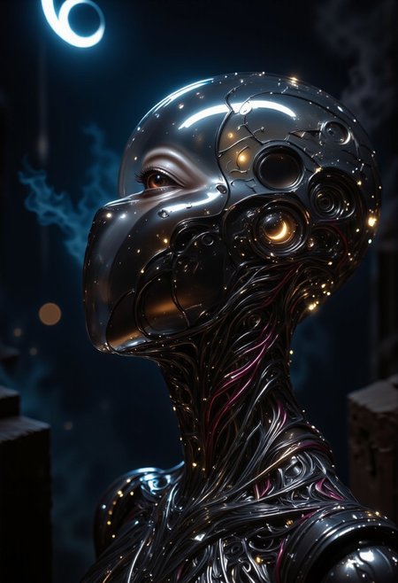 impressionist classical-style painting of a highly detailed, fantasy scene with a dramatic, robotic aesthetic. The central figure is a female robot. Her head and body are made of shiny and smooth metal with multi-colored, exposed wiring going down her neck creating an organic mosaic pattern. She is a biomechanical robot with Chrome Skinned and there are wires jacked into her face. Her cyclops eye is an intense silver color with light silver eyeshadow, and her lips are a rich, deep silver color. There is a missing panel on her cheek. A spot light focuses on her from above. She is bald and is blending in with the dark, smoky, nighttime background. She is facing you and looking up into the sky intensely. The overall impression is one of dramatic beauty, with an almost otherworldly quality.  (((ultra-realistic style))), realistic soft lighting, dark, eye-catching, atmospheric lighting, natural, shallow depth of field, (highlights: 0.8), high detail (dynamic, cinematic shot, film grain, bokeh, depth of field,