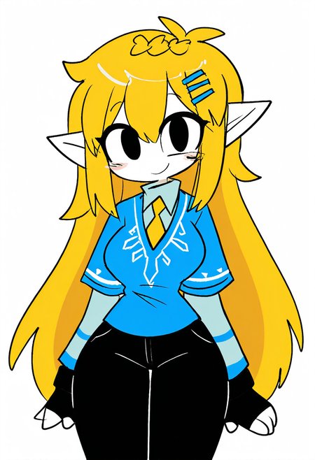 masterpiece, best quality, medium breasts, (curvy),   BREAK,  princess zelda, long hair, crown braid, hairclip, pointy ears, blue shirt, long sleeves, fingerless gloves, black gloves, black pants, tight pants, smile, curvy, head tilt, sitting,  ,,, ,,, <lora:ZankuroStyle_NAI:0.6>,smile, looking at viewer, cowboy shot,   <lora:ToonCAT_NAI:1.0>,