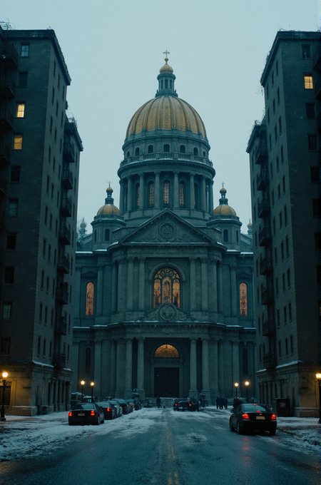 (majestic cathedral), (ornate architecture), (golden dome), (angel statues surrounding the dome:1.2), gothic details, intricate carvings, illuminated stained glass windows, central perspective â (dystopian brutalist apartment blocks:1.3) surrounding the cathedral, (harsh concrete), (decaying exteriors), windows glowing faintly, moody snowfall, overcast sky, cold desaturated color palette, cinematic lighting
 <lora:CinematicStyleFlux_v1:1>