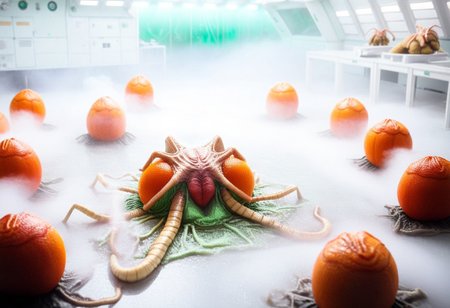 fchgr, blood orange style, xenoegg, view of a group of hatched xenoeggs, xenoeggs made of orange peel, horror theme, green light, space station interior, foggy ground, beautifully lit,
Female Doctor in lab coat with facehugger jumping at her, female doctor lay down, facehugger, alien facehugger