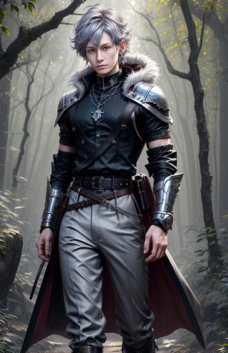 8k,  ((masterpiece)).((best quality:1.2)),  sharp focus, full body, head to toe, 1 young man, 22 years old, youthful appearance, male focus, dynamic pose,  silver colored hair, curly hair, EYESHD, Nora outfit fur accents, Nora outfit bead necklaces, Nora outfit pants, Nora outfit hip quiver, Nora outfit leg guards, Nora outfit arm braces, Nora outfit belt with pouches, and Nora outfit fur boots,   defined body, thin waist, looking at camera, armor,  detailed background a wooded clearing, (absurdres) , <lora:more_details:0.5>, <lora:wrenchftmfshn>,<lora:add-detailxl:0.8>, <lora:Eyes_High_Definition-000007>,  <lora:bulge:1>, <lora:lightup_brightness_v200:1>, <lora:Nora:1>