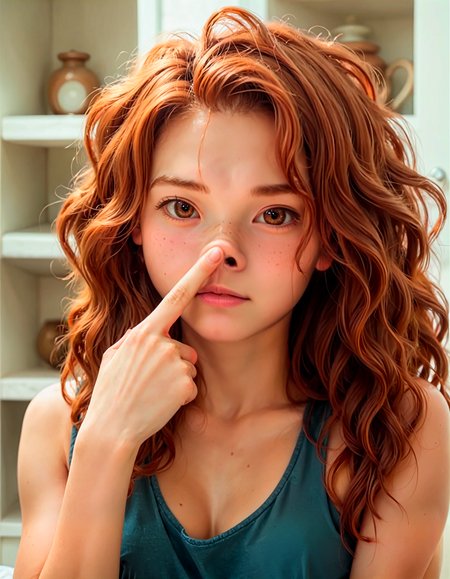 safe_pos, score_9, score_8_up, score_7_up, score_6_up, nosepushup, 1girl, adult, solo, Merida from Brave,brown hair, long hair, perfect face, perfect eyes, sexy, sexy girl, white_tank_top, beautiful eyes, brown eyes, skinny, fit, petite body, slim hips, perfect cute face, exposed naked medium breasts, upper body, nosepushup,look down,looking viewer,  blue pupill  <lora:Poses\PONY_Realistic_nose_push_up_v1-000007.safetensors:0.8:0.8> <lora:Faces\EnvyPonyPrettyEyes01.safetensors:0.2:0.2> <lora:Detailing\cfg_scale_boost.safetensors:0.5:0.5> <lora:skin\FLUXEnh4nce.safetensors:0.8:0.8> <lora:Detailing\Expressive_H-000001.safetensors:0.3:0.7000000000000001>