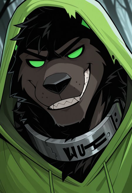 masterpiece,best quality,amazing quality, 1boy, solo, wu1f, colored sclera, no pupils, furry, torn green hoodie, metal collar, close up, side angle, hood up, smirk, woods,