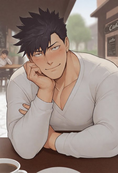 masterpiece,best quality,
1boy,bara,
<lora:loren_NAI_EPS_1_0_CAME_v1_rev2:1>,10r3n,black hair,short hair,spiked hair,brown eyes,sanpaku,
pov across table, looking at viewer, smile, blush, head rest, elbow rest, arm rest, white shirt, long sleeves, v-neck, cafe, outdoors, day, blurry backgroundâââ