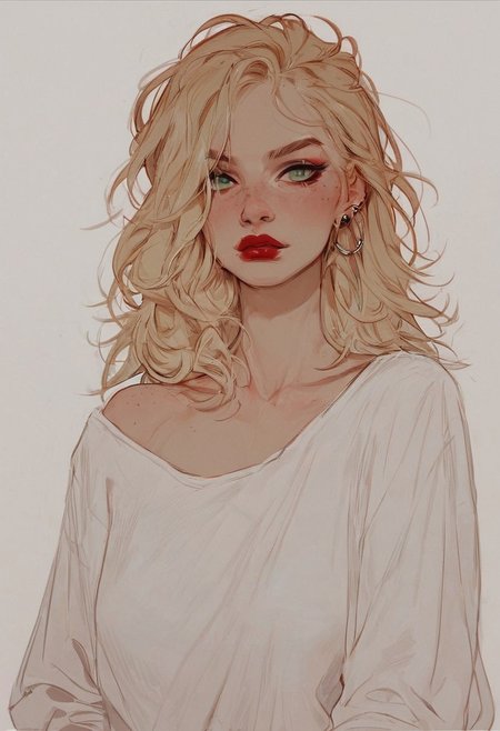 score_9, score_8_up, score_8_up, 1 girl, 1 Caucasian girl, Blonde girl, Long messy silky Blonde hair with bangs, light green eyes, slim, medium teardrop shaped breasts, no face piercings, earrings, red lipstick, make-up, black high-waisted jeans, a oversized shirt