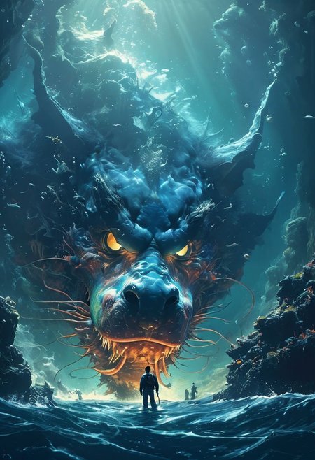 colorful sketch by herg, In deep sea, A tiny Diver infront of a giant Anglerfish, deep blacks, high contrast, 
atmospheric haze, Film grain, cinematic film still, shallow depth of field, highly detailed, moody, epic, OverallDetail, 2000s vintage RAW photo, photorealistic, candid camera, color graded cinematic, atmospheric lighting, imperfections, natural, shallow dof