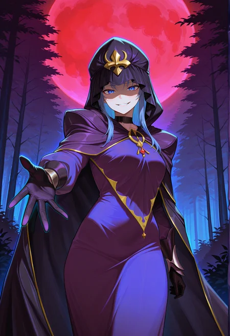 1girl, pointy ears, blue hair, long hair, braid, blue eyes, long dress, purple dress, black gloves, cape, hood, hood up, reaching towards viewer, evil smile, night, red moon, outdoors, forest, cowboy shot, side lsit  <lora:Medea_illus:1>, masterpiece, best quality, amazing quality, very aesthetic, absurdres, highres, newest