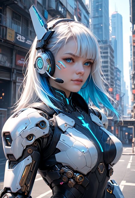 score_9, score_8_up, score_7_up, score_9, score_8_up, score_7_up, HD32K, 8K, absurdres, detailed photorealistic image, realistic skin texture, BREAK oriental girl, cyberpunk warrior, white power armor with glowing blue accents, cybernetic insides, white hair with bright blue highlights, bangs, targeting visor, cybernetic eye, headset, upper body portrait, robot joints, holes in armor, holding large pistol, futuristic cityscape, skyscrapers, towers, hyper-detailed, intricately detailed, night