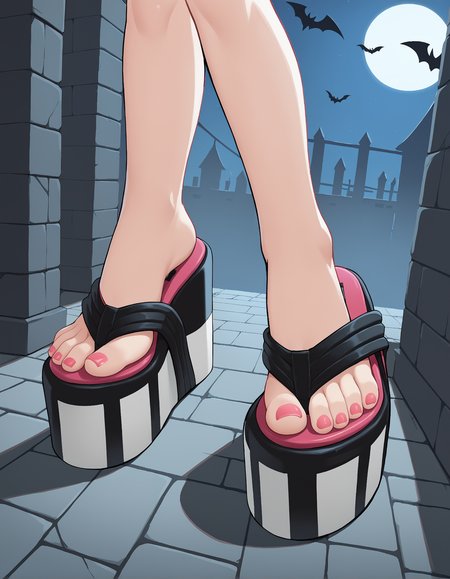 score_9, score_8_up, score_7_up, score_6_up, source_anime,
halloween scene, (from above:0.6), (from side:0.5),
foot focus,
1girl,
standing, feet apart,
dungeon, night dark, fog,
ï»¿lag00na platform flip flops, (platform footwear:1.3), pink toenail polish,
embedding:zPDXLrl ,
embedding:zPDXL2 ,
