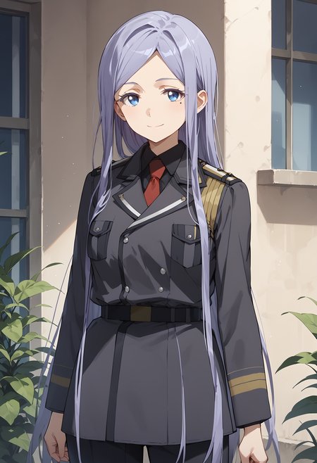 score_9, score_8_up, score_7_up, score_6_up, score_ANIME, 1girl, , anjuemma, 1girl, solo, mole under eye, purple hair, blue eyes, military uniform, white eyelashes, smile, part bangs, black blazer, red necktie, black collared shirt, looking at viewer, belt, (very long hair:1.5), , closed mouth, trousers, cowboy shot, medium breasts, looking at viewer, smile, <lora:Anju_Emma_ponyV2:1>