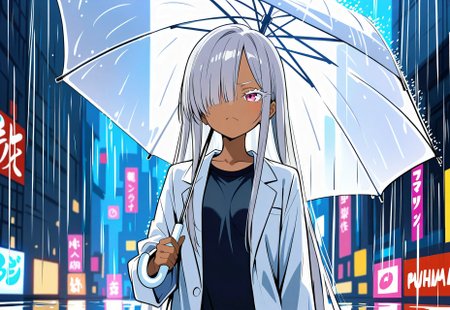 safe_pos, safe_pos, masterpiece,best quality,amazing quality,  Anime stil, Anime Screenshot, Anime art, anime colors, small breast, , 1girl
'
masterpiece, absurd, long straight hair, completely ash-gray hair, clear lightreddish pink eye, slim, petite, , small stature, small breast,  ultra detailed eyes,  side bangs, her left eye covered by hair, white eyelashes, white eyelashes, tanned, white lab coat,

in city, walking, heavy rain,upper body, holding umbrella, annoyed face