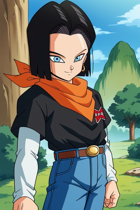 score_9,score_8_up,score_7_up, score_6_up, BREAK, android 17,1boy,solo,upper body,mount paozu, blue sky, cloud, grass,thin mountain, cliff, bush,outdoors, black hair,short hair, light blue eyes, black t-shirt, short over long sleeves, blue jeans, orange bandana, smile,looking at viewer, closed mouth, white sleeves,brown belt,gold belt buckle,red badge, rr,yellow earrings, (from side:0.7),   <lora:MountPaozuPony:1>  <lora:Android17Pony:1>