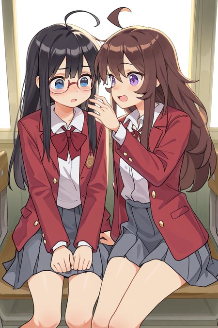 masterpiece, best quality, amazing quality,
 <lora:Lango_IL:1> lango, multiple girls, 2girls, glasses, school uniform, purple eyes, brown hair, skirt, shirt, white shirt, long hair, black hair, red jacket, jacket, ahoge, blue eyes, sitting, open mouth