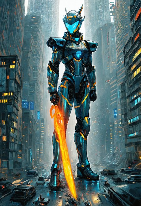 macro shot illustration, A creative image of a powerful female cyber soldier, standing strong in a futuristic neon-lit cityscape with holographic advertisements and towering skyscrapers, wearing a sleek helmet with a tinted blue visor and shiny armor made of blue energy with glowing circuits, armed with a red glowing energy sword with intricate metallic details, flowing silver hair and neon blue accents on her armor, inspired by the futuristic styles of Syd Mead, the vibrant colors of Ash Thorp, and the dynamic compositions of H.R. Giger