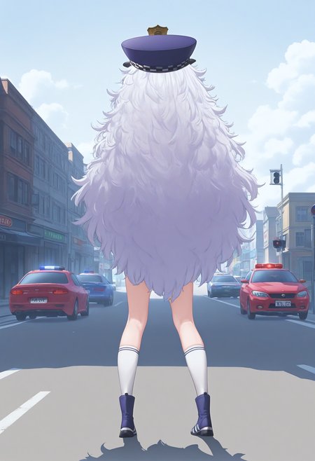 best hands, <lora:mn_poli_IL1.4:0.9> 
mn_poli, official art, 1girl, white very long Messy Hair, Footwear, from behind, kneehighs, facing away, Policeman's hat, white socks,
BREAK outdoors, street, Intersection, traffic lights, cars, day, cloudy sky, shadow,