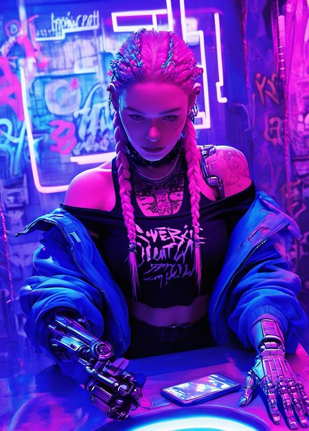 realistic,  
masterpiece, best quality, amazing quality, highres, absurdres, very aesthetic, very awa,expert shading, ultra detailed, UHD, 8K,
BREAK, 
N3onSp3ctra,realism, N3onSp3ctra, 1girl, solo, tattoo, pink hair, twin braids, braid, holding, phone, mirror, cyberpunk,  graffiti, indoors, punk outfit, prosthetic arm, one mechanical arm, jacket off-shoulder, yellow. <lora:NeonSpectra-000008:0.85>
