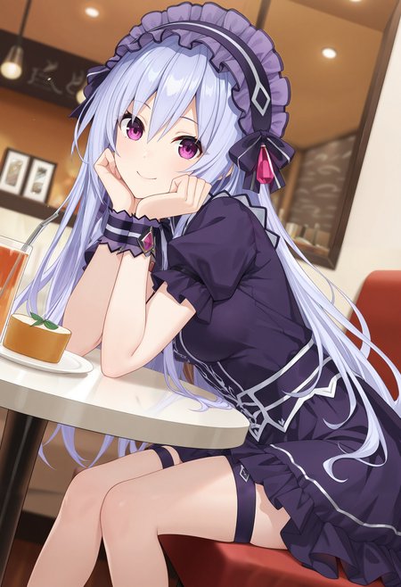 masterpiece, best quality, good quality, very aesthetic, absurdres, newest, 8K, depth of field,
ckTiaraFFF, 1girl, wearing purple dress, looking at the viewer, dynamic angle, in a restaurant, smile, sitting