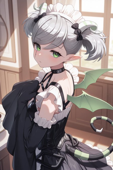 1girl,
AriannaTheLabrynthServantYu-Gi-Oh,
general, solo, pov dating, from behind,
green horns, grey hair, short twintails, green eyes, eyelashes,
pointy ears, wings, tail, green tail,
hair bow, maid headdress,
black choker, black corset, frilled dress,
detached sleeves, black sleeves, sleeves past fingers,
looking at viewer, hand on own chest,
indoors, white theme,
<lora:kp_AriannaTheLabrynthServantYu-Gi-OhIllustrious_v1_0:1.0>,
masterpiece, best quality, amazing quality
