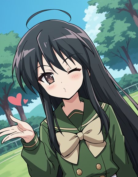 score_9, score_8_up, score_7_up, source_anime, <lora:shakugan-no-shana-s1-ponyxl-lora-nochekaiser:1>, shana, long hair, black hair, brown eyes, ahoge, sidelocks,, school uniform, serafuku, bowtie, green bowtie, green shirt, green sailor collar, long sleeves, white skirt, buttons, thighhighs,, nature, trees, animals, landscape, open, smile, <lora:blowing-kiss-ponyxl-lora-nochekaiser:1>, blowing kiss, pucked lips, heart, one eye closed, o3o, hand up, bed room, bed, blush, cowboy shot, dutch angle,, looking at viewer, solo,, dutch angle, cowboy shot